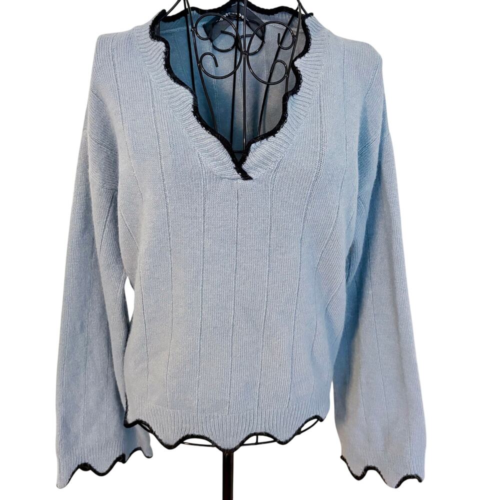 Code x Mode Fluffy Angora Blend Bell Sleeve Scalloped Sweater Fairy Goddess Blue